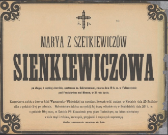 Nekrolog Ś. P. Marya z Szetkiewiczów Sienkiewiczowa 
